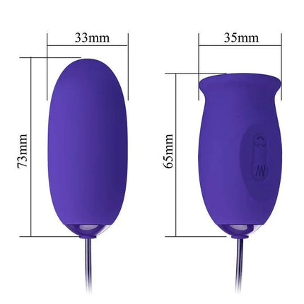 Dimensions of Daisy Youth Egg Vibrator and licking tongue with 33mm and 35mm width, shown in purple color.