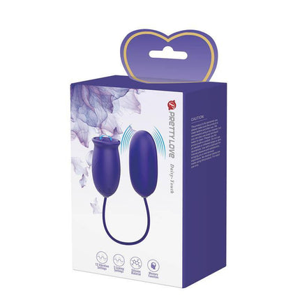 Packaging of Daisy Youth Egg Vibrator and licking tongue, showcasing its dual-action features for enhanced intimate experiences.