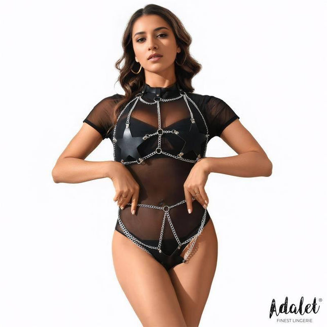Damaris 2 Pieces Set Vegan Leather One size lingerie by Adalet with star motif, modeled, showcasing chic silhouette and design details.