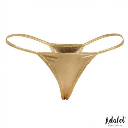 Daphne Classic Thong Gold by Adalet, sleek gold thong in 95% polyester and 5% spandex, versatile for everyday wear, sizes S–M and L–XL.