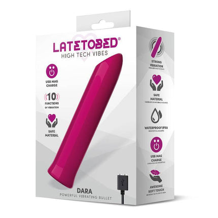 Dara Powerful Vibrating Bullet packaging with sleek lipstick shape, 10 vibration modes, and USB magnetic charging.