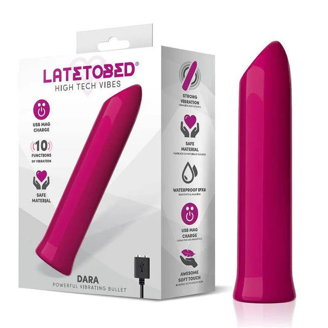 Dara Powerful Vibrating Bullet, lipstick-shaped for sleek, powerful sensations with 10 modes and magnetic USB charging, in pink.