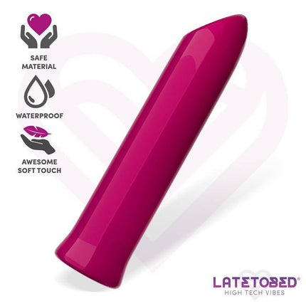 Dara Powerful Vibrating Bullet in magenta, highlighting safe material, waterproof feature, and soft touch for versatile adult pleasure.