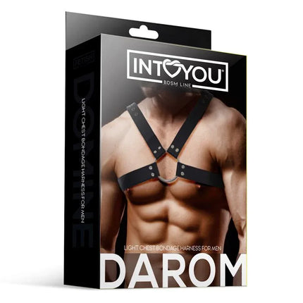 Darom Male Chest Bondage Harness Vegan Leather in packaging by Intoyou.