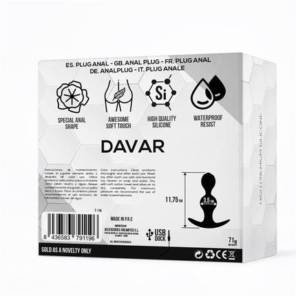 Davar Anal Plug Silicone packaging showing features like high-quality silicone, special shape, and waterproof resistance.