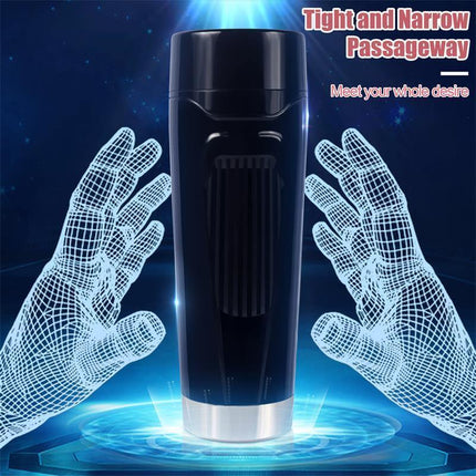 Davina Masturbator with vibration showcasing dual motors and sleek design with mesh hands illustration in blue lighting.