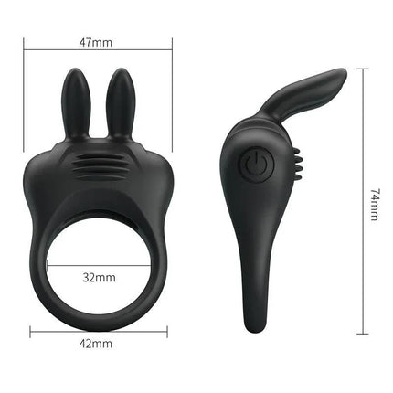 Davion Cock ring with vibration and Rabit, black silicone with rabbit ears, dimensions 47mm by 32mm and 42mm, on-off button visible.