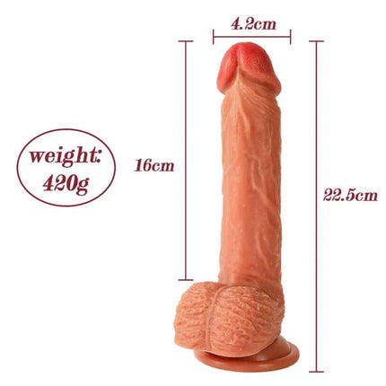 Dean Dildo with Thrusting and Vibrating 8, realistic silicone design, size dimensions 22.5 cm length, 420g weight.