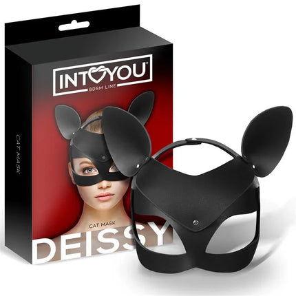 Deissy Cat Mask Adjustable in packaging with long ears, ideal for adult roleplay and fantasy exploration in BDSM settings.
