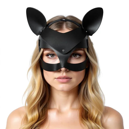 Woman wearing Deissy Cat Mask Adjustable, handmade BDSM accessory with cat shape and long ears, made from premium fabrics.