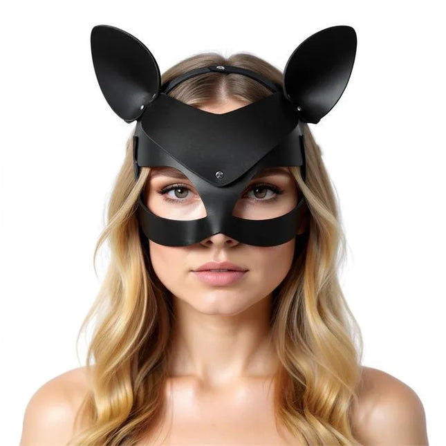 Woman wearing Deissy Cat Mask Adjustable, handmade BDSM accessory with cat shape and long ears, made from premium fabrics.