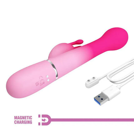 Dejon Vibe with Thrusting and Rotating Beads, pink dual-motor vibrator with magnetic charging feature and USB cable.
