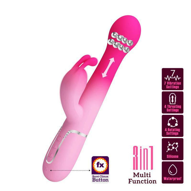 Dejon Vibe with Thrusting and Rotating Beads pink dual-motor vibrator featuring 7 settings, waterproof silicone design, and rotating beads.