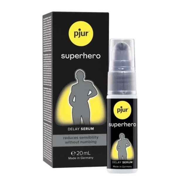 Delay Serum Superhero 20 ml for men, prolongs potency, enhances confidence, tested and condom-safe, in 20ml bottle packaging.