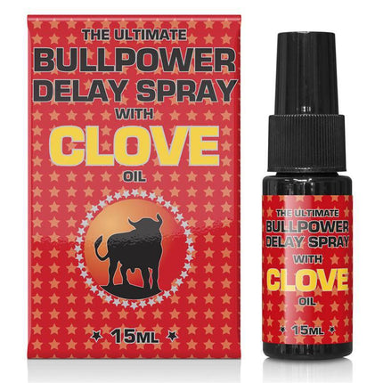 Delay Spray Bull Power Clove 15 ml bottle and packaging with red design and clove oil feature.