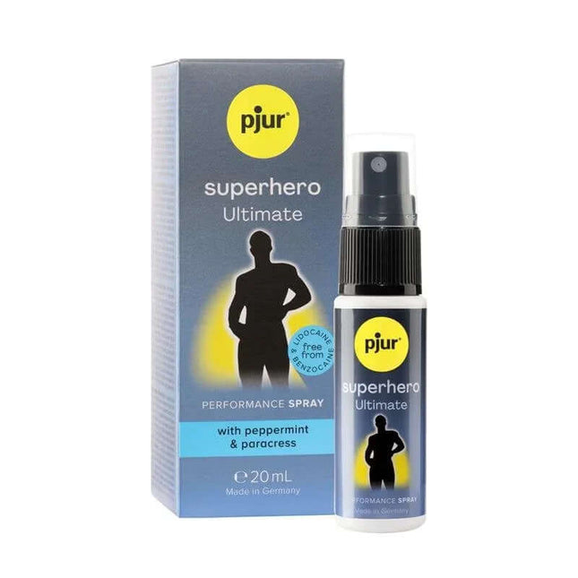 Delay spray Superhero Ultimate 20 ml bottle with box, featuring a natural vegan formulation for enhanced pleasure.