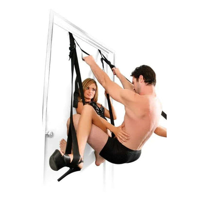 Couple using Deluxe Fantasy Door Swing for intimate and versatile exploration on a door, offering comfort and easy setup.