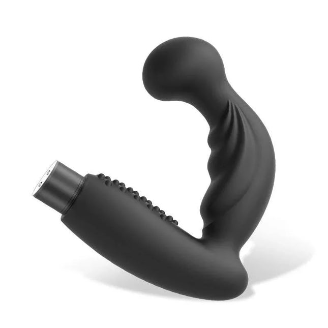 Delzis Anal Prostate P-Spot Vibrator in sleek black silicone design with curved shaft and 10 vibration functions for enhanced pleasure.