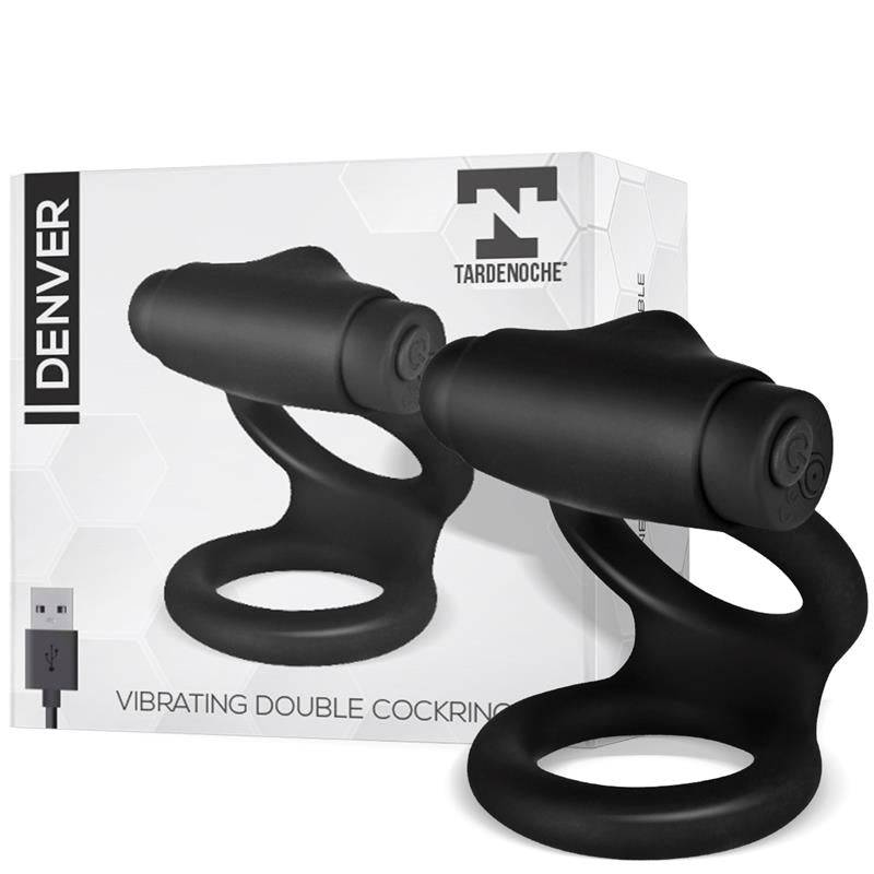 Denver Double Cockring with Vibrating Bullet USB Silicone Black - secretsextoys.store