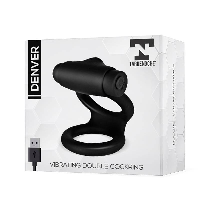 Denver Double Cockring with Vibrating Bullet USB Silicone Black - secretsextoys.store