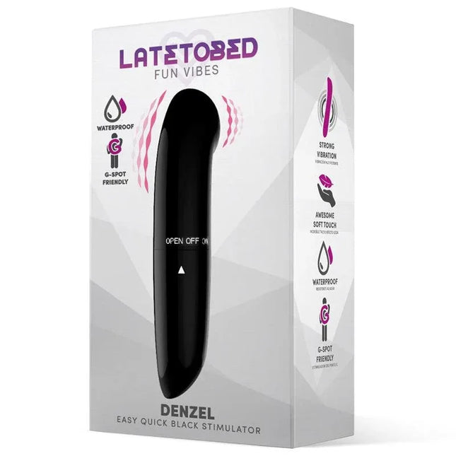 Denzel Stimulator Easy Quick Black in packaging showcasing its sleek design for versatile use.