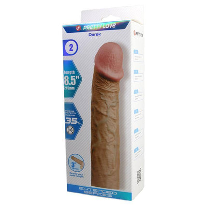 Box of Derek Extended Penis Sleeve showcasing realistic design and size increase features for enhanced experience.
