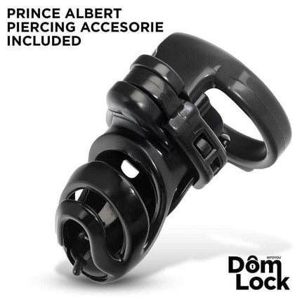 Domlock Detention Chastity Cage for Prince Albert Piercing, featuring durable design and included piercing accessory for enhanced control.