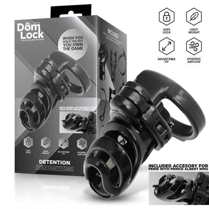 Detention Chastity Cage for Prince Albert Piercing by Domlock with packaging and accessories for pleasure and submission.