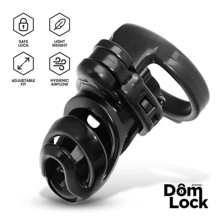 Detention Chastity Cage for Prince Albert Piercing by Domlock, featuring safe lock, lightweight design, adjustable fit, and hygienic airflow.