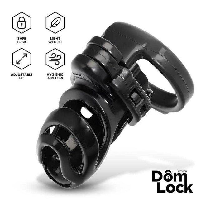 Detention Chastity Cage for Prince Albert Piercing by Domlock, featuring safe lock, lightweight design, adjustable fit, and hygienic airflow.