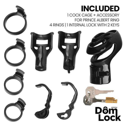 Detention Chastity Cage for Prince Albert Piercing components and keys by Domlock brand.