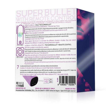 Packaging of the Dhalia Súper Vibrating Bullet with Remote Control High-powered USB Purple displaying features and instructions.