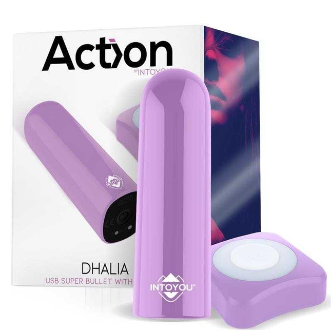 Dhalia Súper Vibrating Bullet with Remote Control High-powered USB Purple in packaging with remote control.