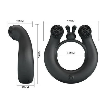 Dhalia Vibrating Penis Ring with dimensions and dual motors for enhanced shared pleasure and stamina.