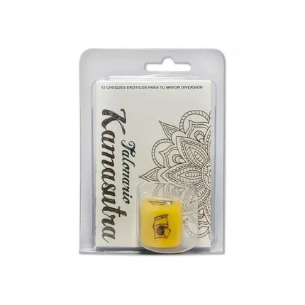 Dice set of objects and a kamasutra checkbook packaging, featuring a playful dice and an elegant checkbook for couples.