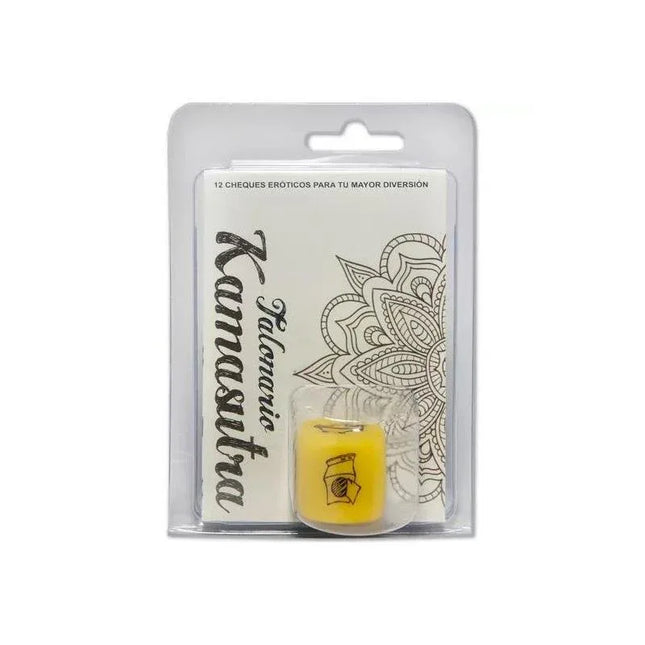 Dice set of objects and a kamasutra checkbook packaging, featuring a playful dice and an elegant checkbook for couples.