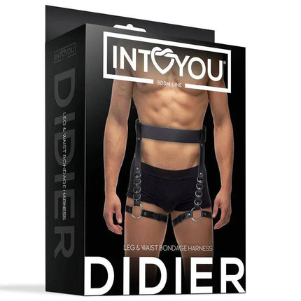 Intoyou Didier Leg and Waist Bondage Harness Adjustable packaging with model showcasing the BDSM line harness features.