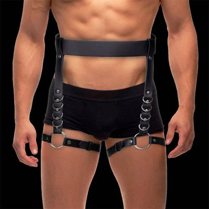 Didier Leg and Waist Bondage Harness Adjustable on model, showcasing adjustable buckles and contoured design for BDSM enthusiasts