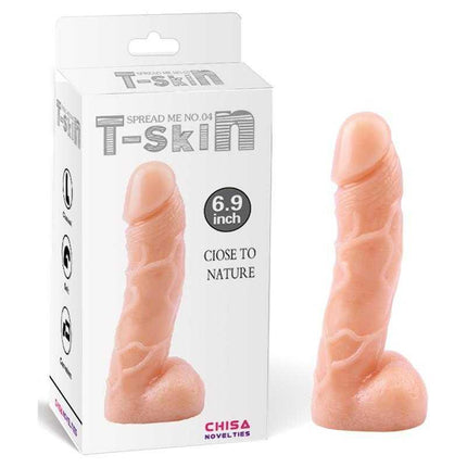 Dildo 6.9 T-Skin Realistic Flesh with packaging, lifelike texture, 17.7cm length, phthalate-free, body-safe material.
