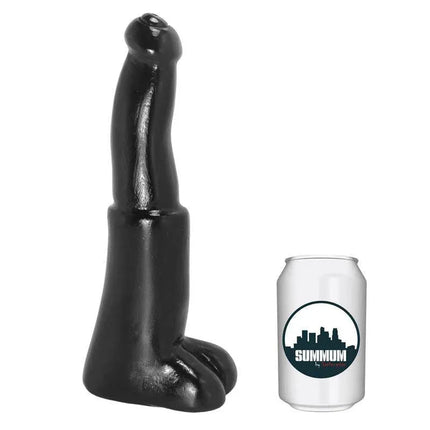 Black vinyl Dildo Bravo 25 cm next to a can for size comparison.