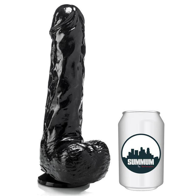 Dildo Canto 20 cm lifelike black dildo next to a soda can for size comparison