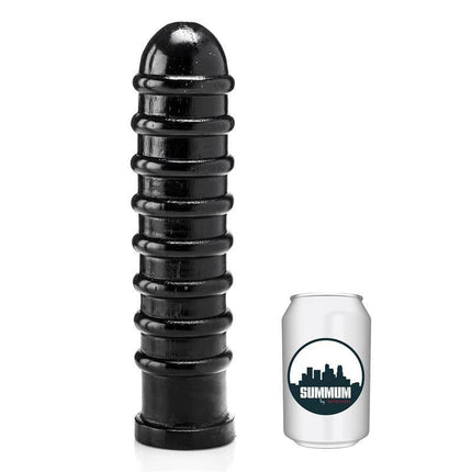 Dildo Cuanto 30 cm black vinyl with spiral relief next to a can for size comparison