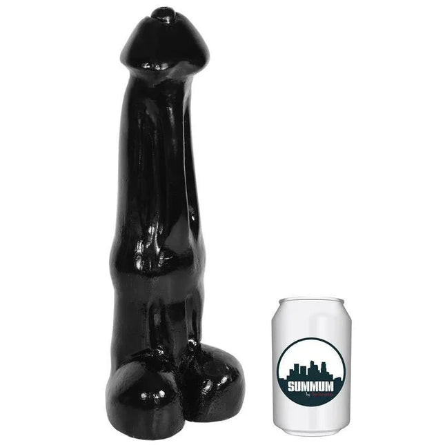 Dildo Dragon 29 cm, fantasy-themed black silicone dildo with glans and testicles, next to a can for size comparison, ideal for intimate play.