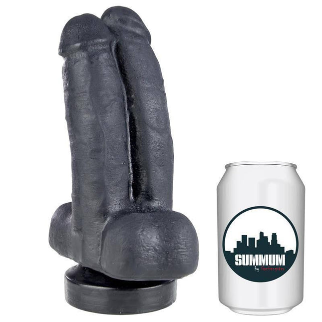 Dildo Dual 16 cm vinyl dual dildo with two realistic shafts and four lifelike testicles next to a soda can for size comparison.