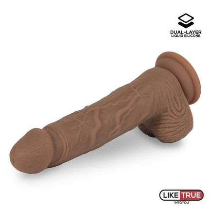 Dildo Dual Layer Silicone 8.25 Brown, featuring realistic texture and suction base for enhanced pleasure. Shop LikeTrue Collection.