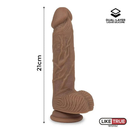Dildo Dual Layer Silicone 8.25 Brown, 21 cm realistic dual-layer silicone dildo by LikeTrue, brown color, textured and flexible.