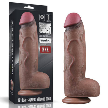 Dildo Dual Layered Silicone XXL 12 with suction cup and realistic design for versatile use