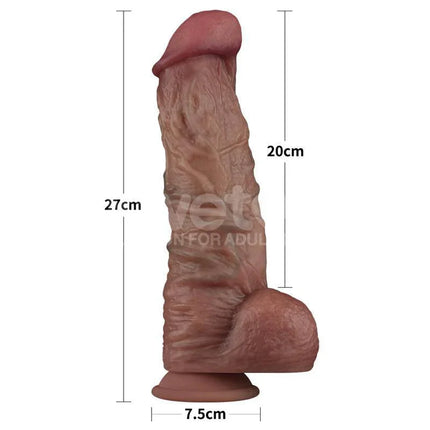 Dildo Dual Layered XXL 10.5 Black, realistic design with measurements, made of dual-layer platinum silicone for lifelike pleasure.
