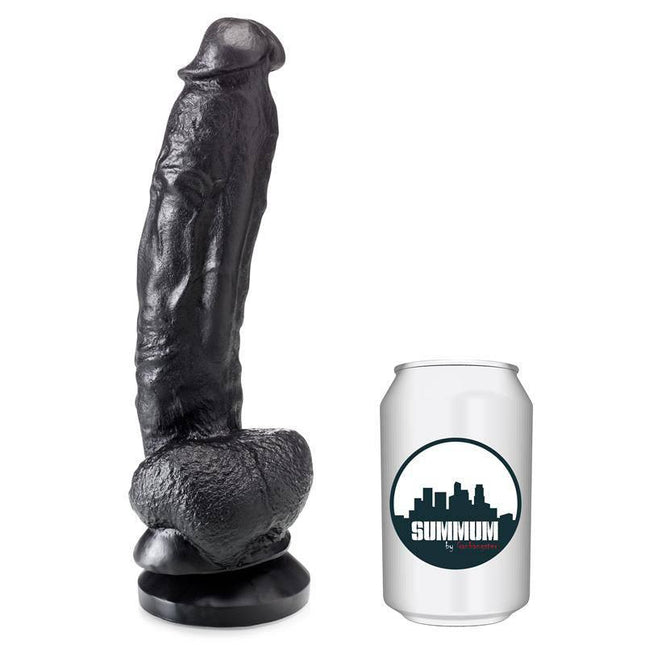 Dildo Edward 19 cm with semi-realistic texture next to a can for size comparison, featuring a suction cup base for hands-free use.