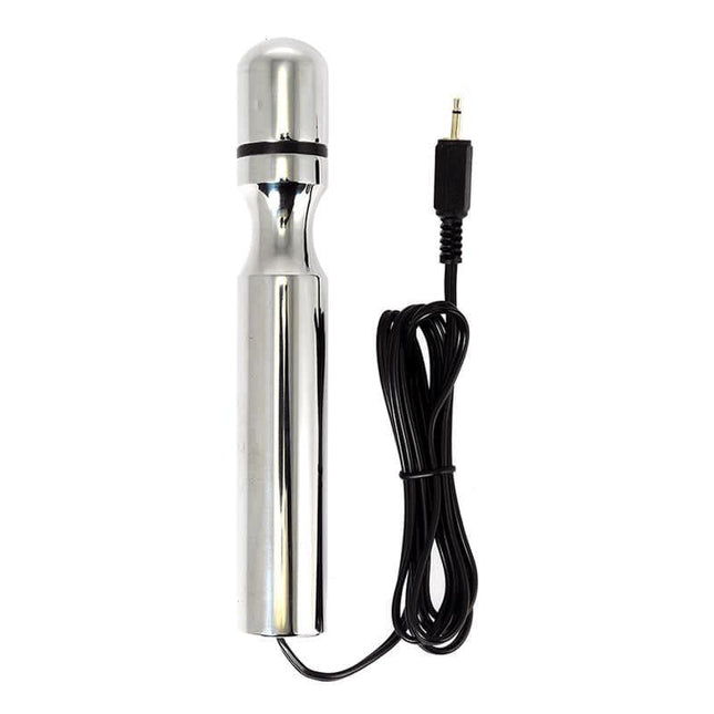 Dildo Electro Shock with aluminum body and black ring for electro stimulation, ideal for vaginal and anal play with adjustable sensation.